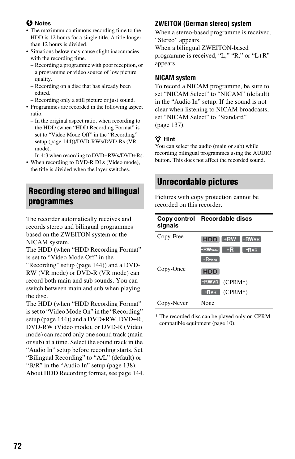 Recording stereo and bilingual programmes, Unrecordable pictures, Zweiton (german stereo) system | Nicam system | Sony RDR-HXD970 User Manual | Page 72 / 172