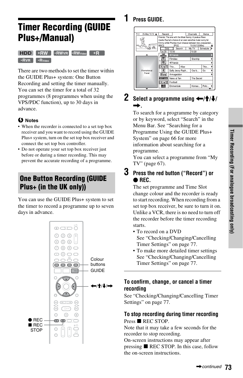 Timer recording (guide plus+/manual) | Sony RDR-HXD970 User Manual | Page 73 / 172