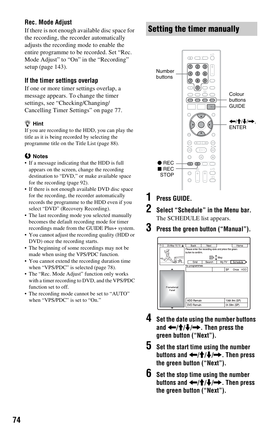Setting the timer manually | Sony RDR-HXD970 User Manual | Page 74 / 172