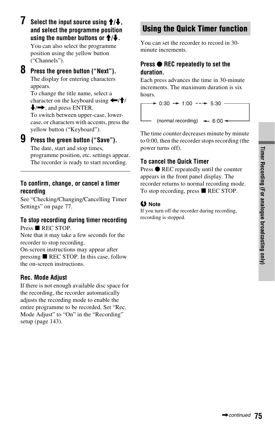 Using the quick timer function | Sony RDR-HXD970 User Manual | Page 75 / 172
