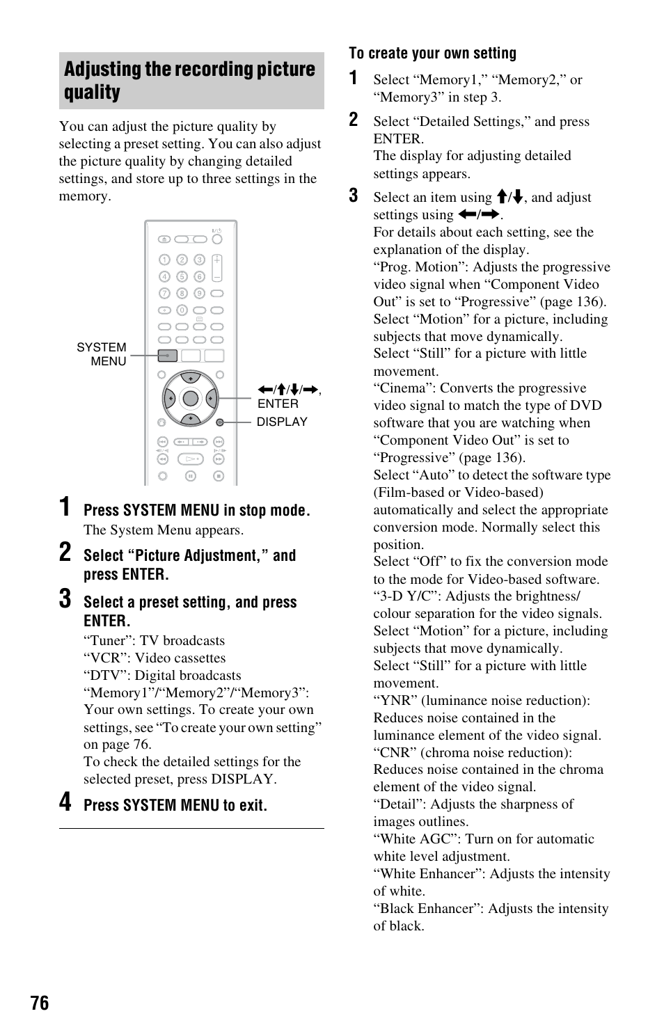 Adjusting the recording picture quality | Sony RDR-HXD970 User Manual | Page 76 / 172