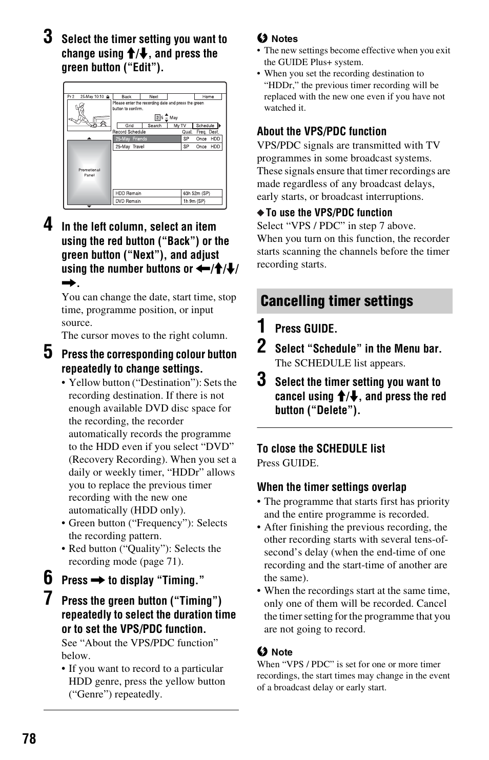 Cancelling timer settings | Sony RDR-HXD970 User Manual | Page 78 / 172