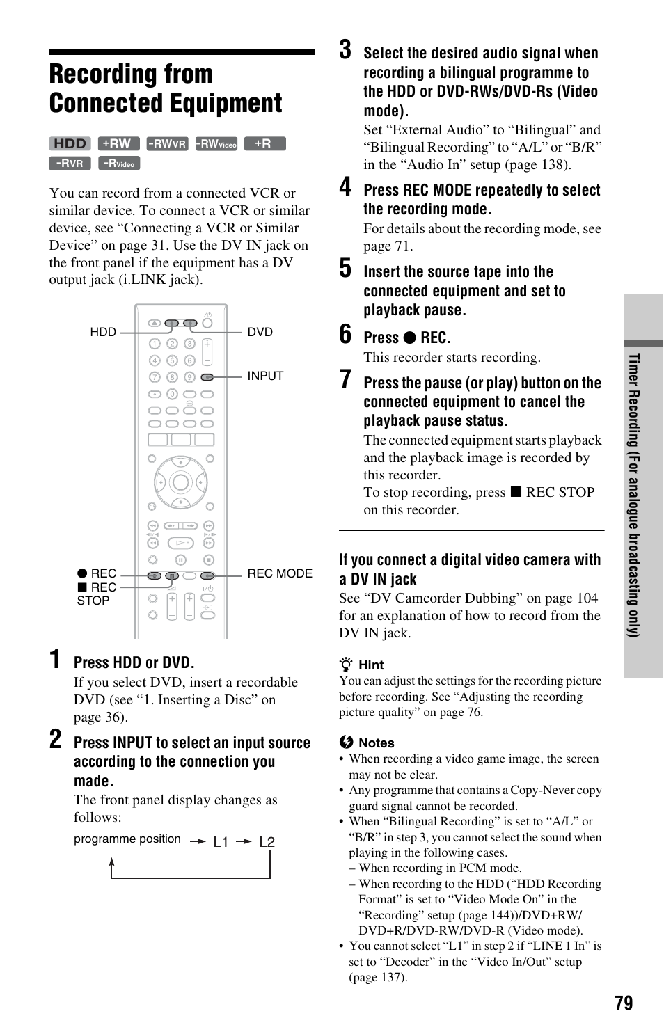 Recording from connected equipment | Sony RDR-HXD970 User Manual | Page 79 / 172