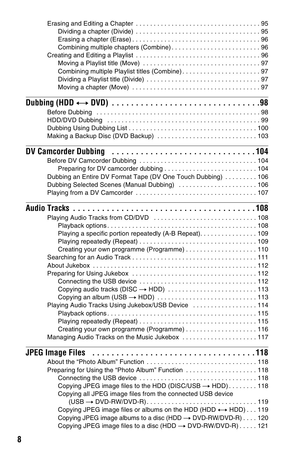 Dubbing (hdd y dvd), Dv camcorder dubbing, Audio tracks | Jpeg image files | Sony RDR-HXD970 User Manual | Page 8 / 172