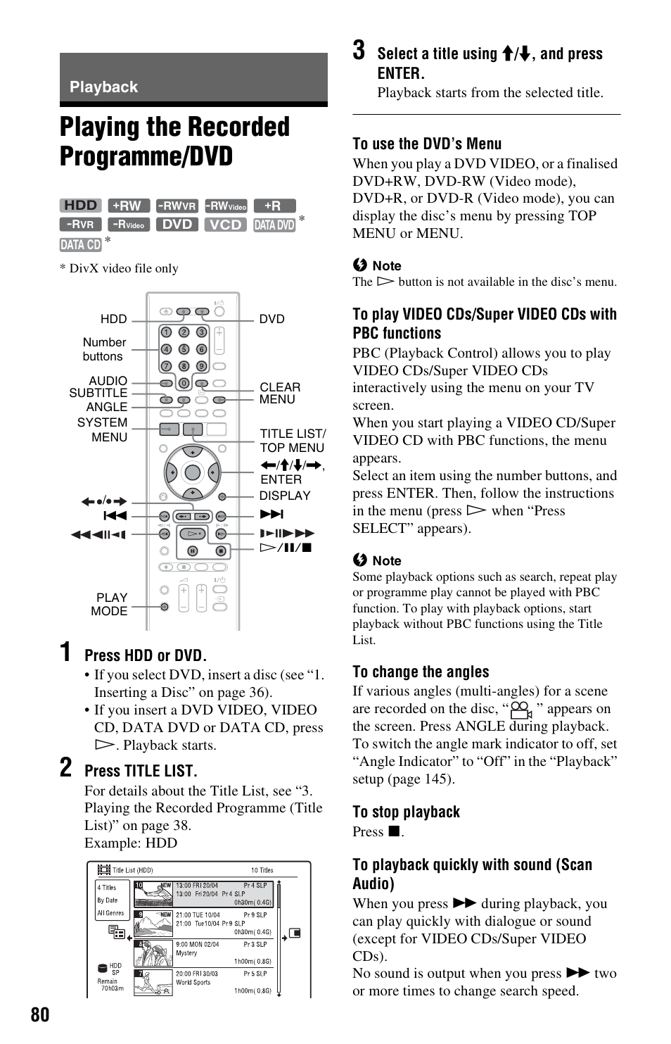 Playback, Playing the recorded programme/dvd | Sony RDR-HXD970 User Manual | Page 80 / 172