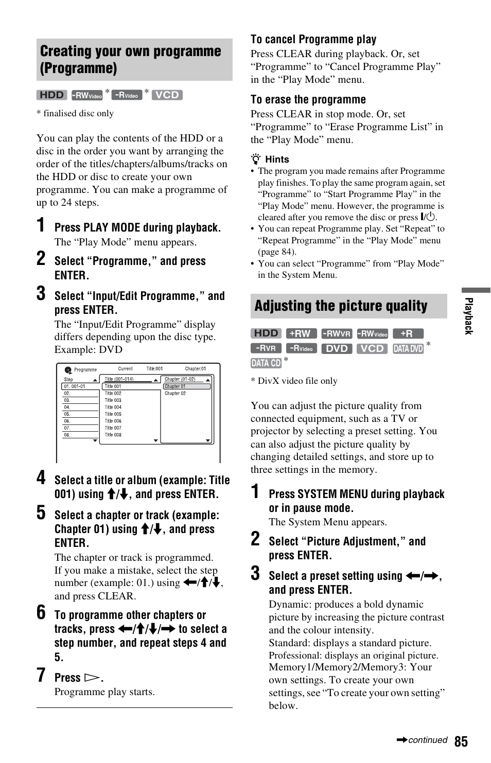 Creating your own programme (programme), Adjusting the picture quality | Sony RDR-HXD970 User Manual | Page 85 / 172
