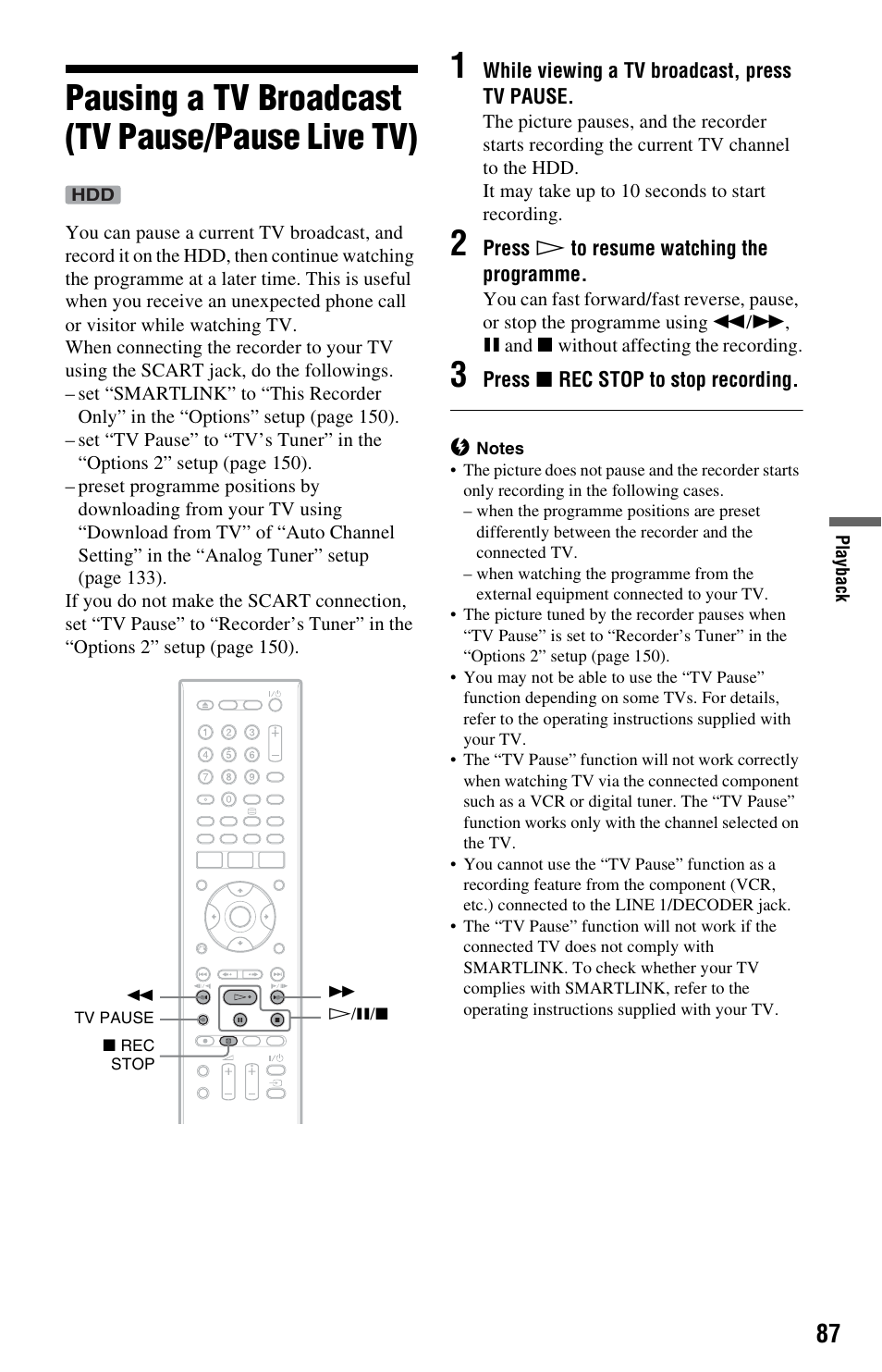 Pausing a tv broadcast (tv pause/pause live tv) | Sony RDR-HXD970 User Manual | Page 87 / 172