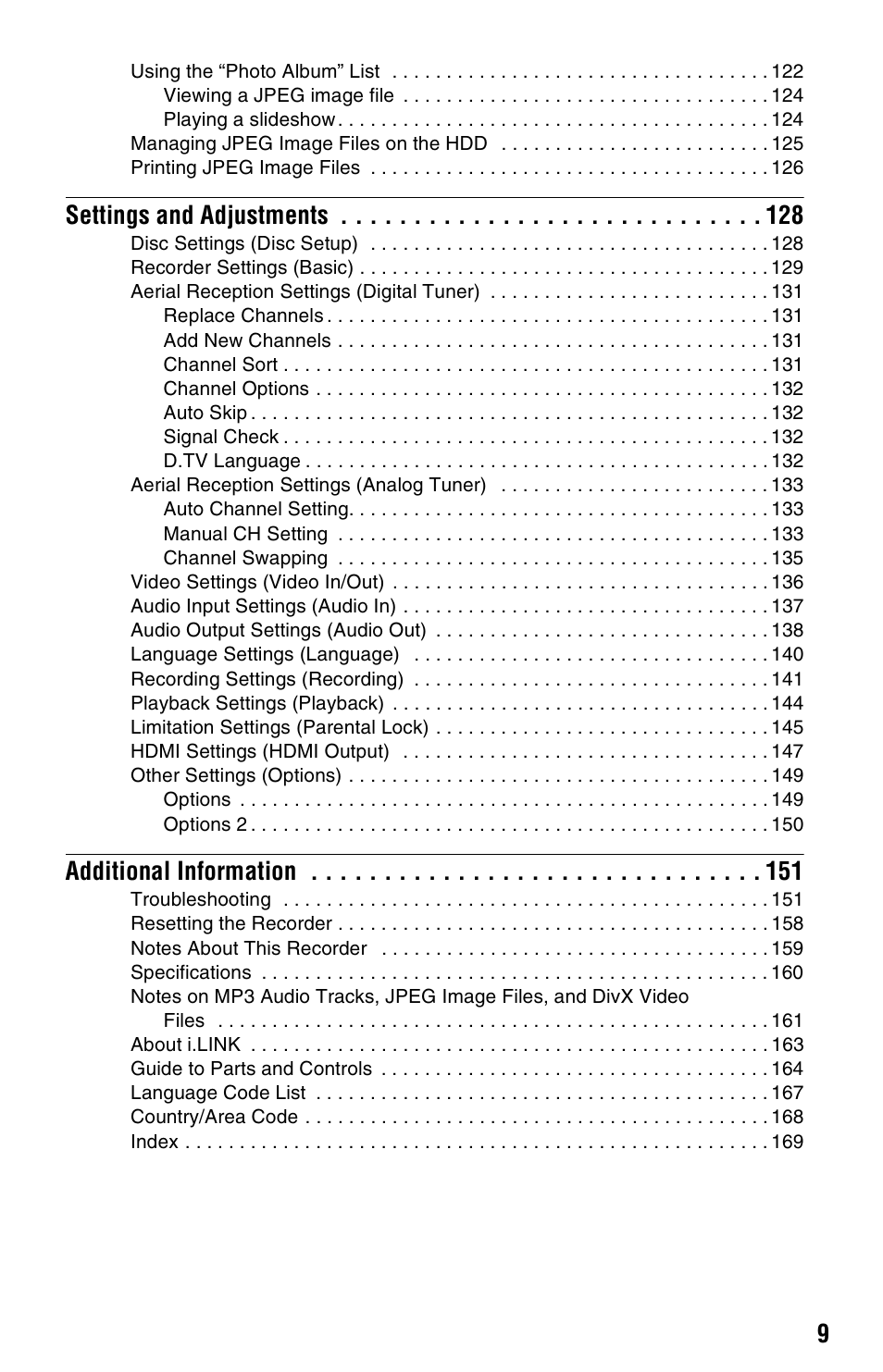 Settings and adjustments, Additional information | Sony RDR-HXD970 User Manual | Page 9 / 172
