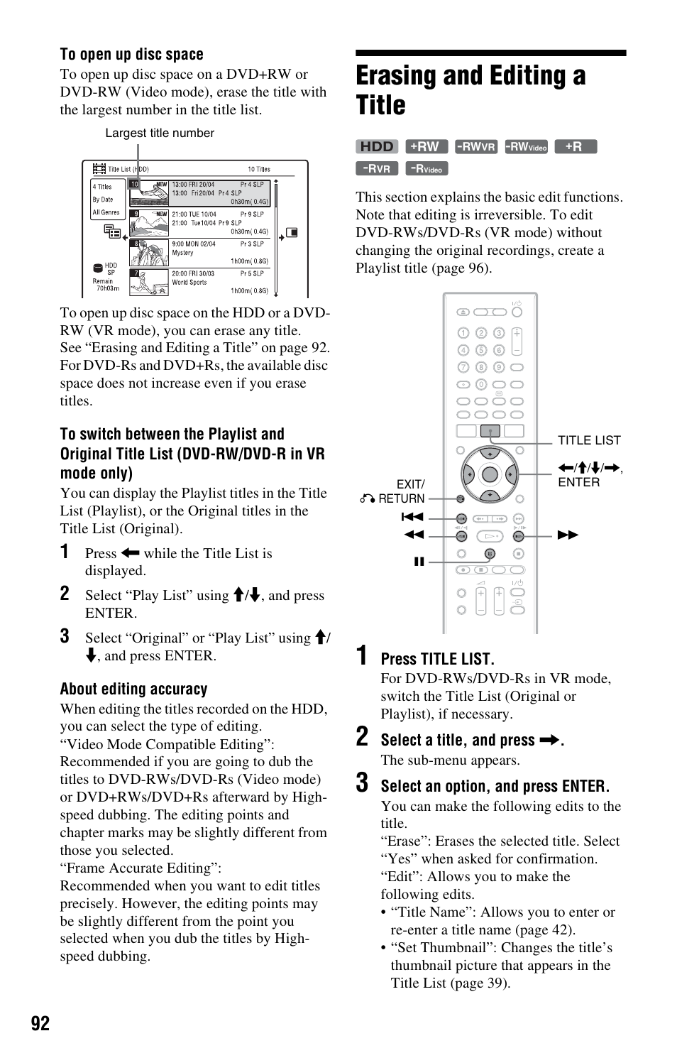 Erasing and editing a title, See “to open up disc | Sony RDR-HXD970 User Manual | Page 92 / 172