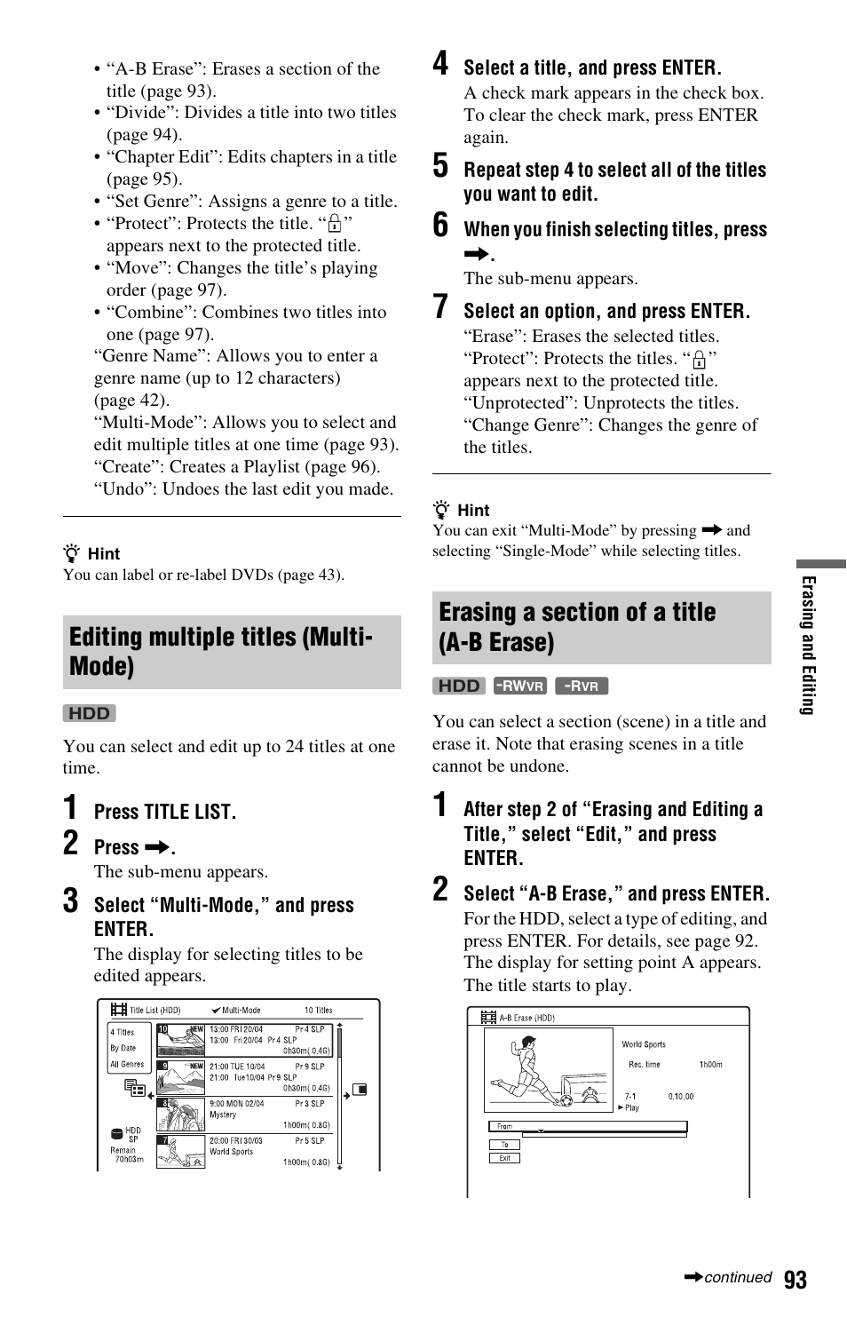 Editing multiple titles (multi-mode), Erasing a section of a title (a-b erase), Editing multiple titles (multi- mode) | Sony RDR-HXD970 User Manual | Page 93 / 172