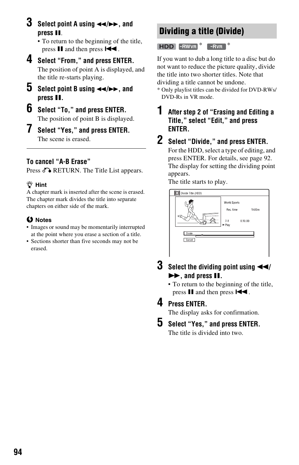 Dividing a title (divide) | Sony RDR-HXD970 User Manual | Page 94 / 172