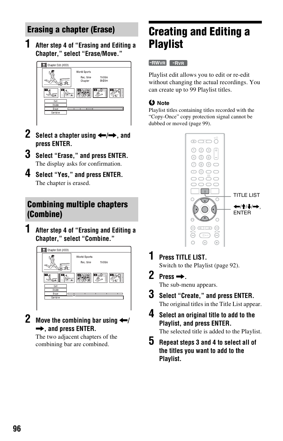 Erasing a chapter (erase), Combining multiple chapters (combine), Creating and editing a playlist | Sony RDR-HXD970 User Manual | Page 96 / 172