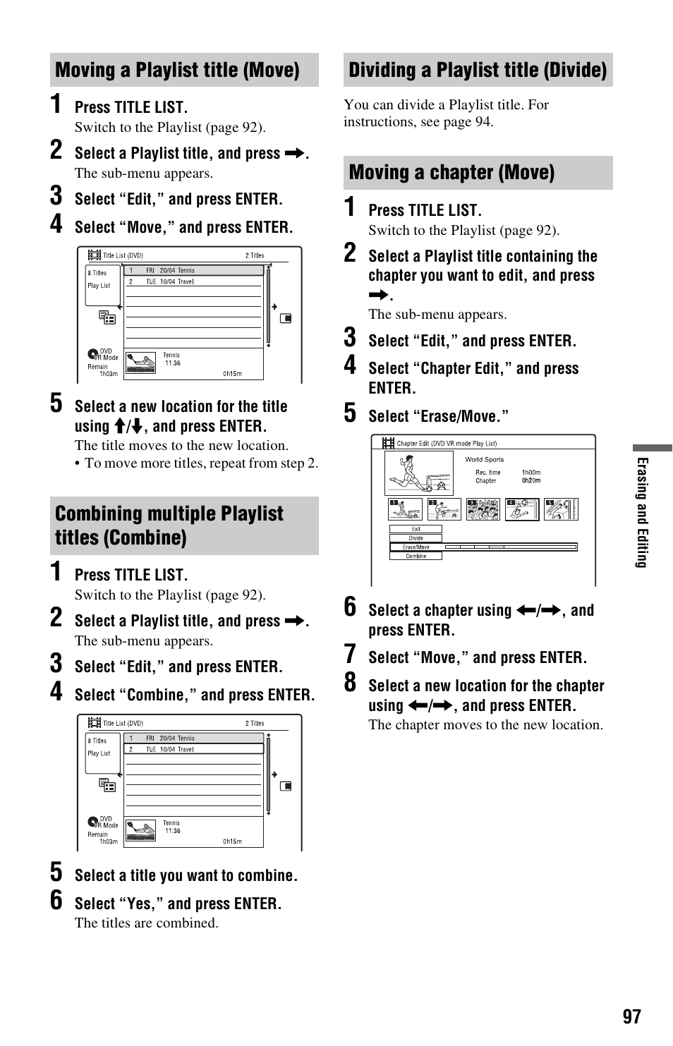 Moving a playlist title (move), Combining multiple playlist titles (combine), Dividing a playlist title (divide) | Moving a chapter (move) | Sony RDR-HXD970 User Manual | Page 97 / 172