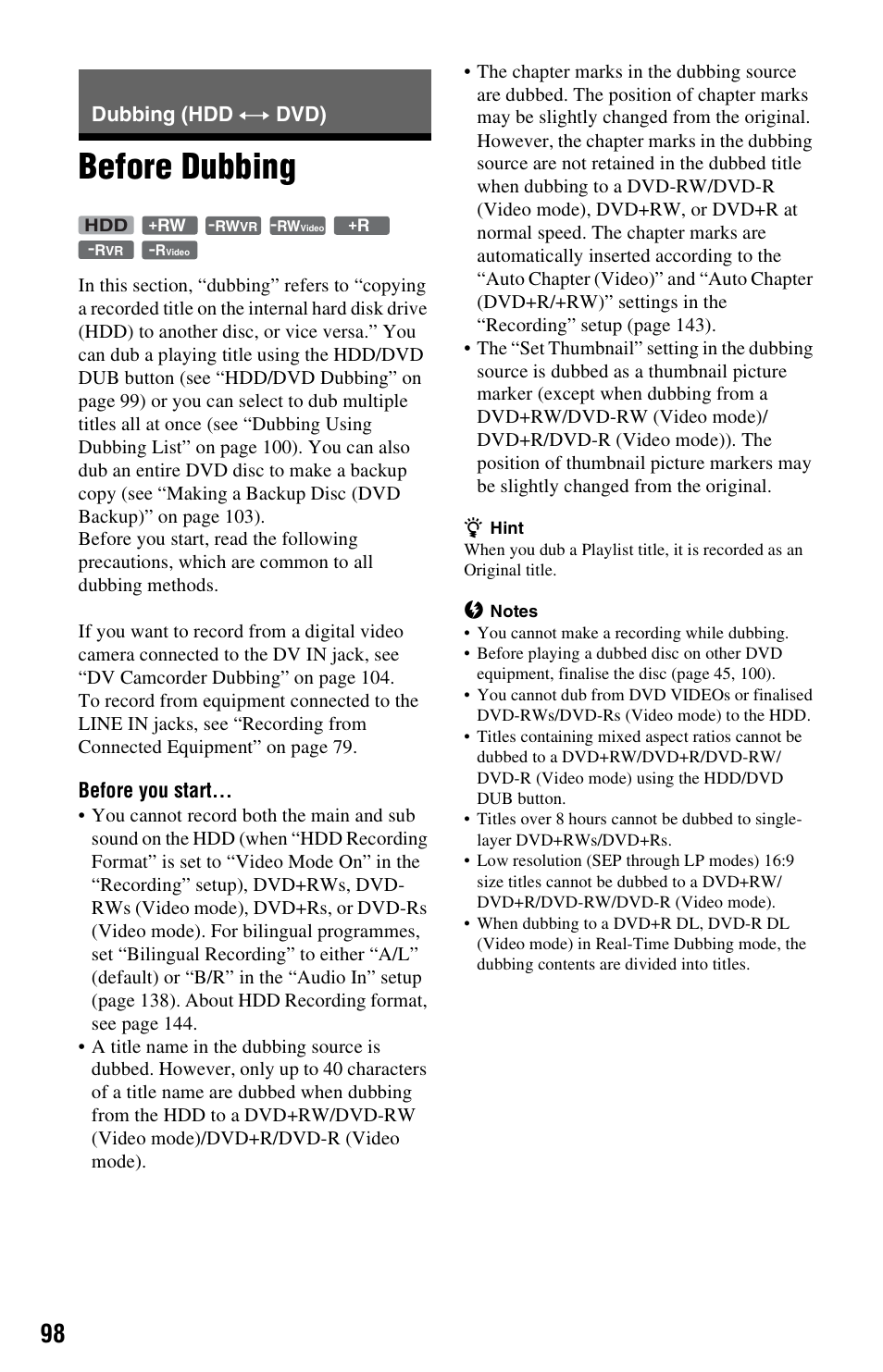 Dubbing (hdd y dvd), Before dubbing, Dubbing (hdd | Before you start | Sony RDR-HXD970 User Manual | Page 98 / 172