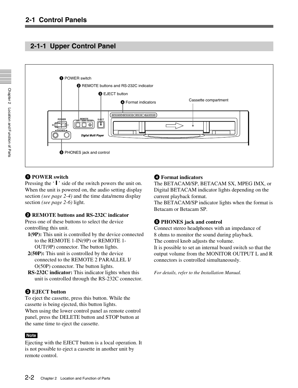 1-1 upper control panel, 1 control panels | Sony MSW-M2100 User Manual | Page 10 / 106