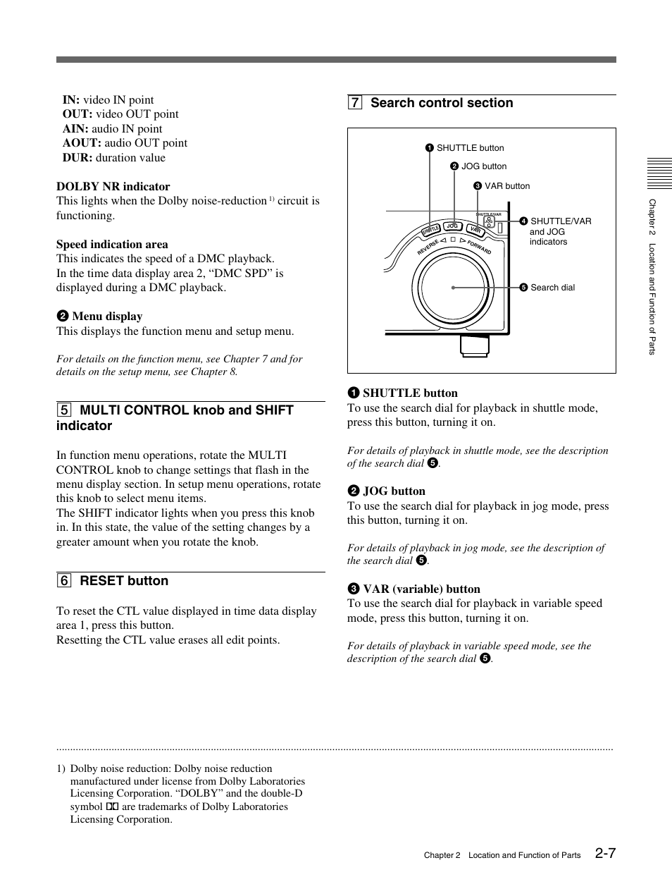 5 multi control knob and shift indicator, 6 reset button | Sony MSW-M2100 User Manual | Page 15 / 106