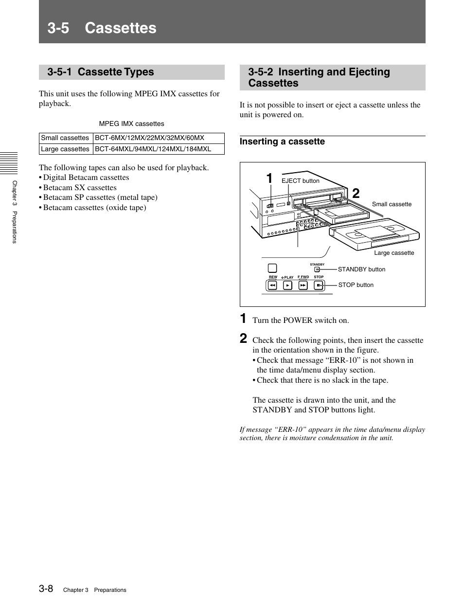 5 cassettes, 5-1 cassette types, 5-2 inserting and ejecting cassettes | 5 cassettes 3-5-1 cassette types | Sony MSW-M2100 User Manual | Page 32 / 106