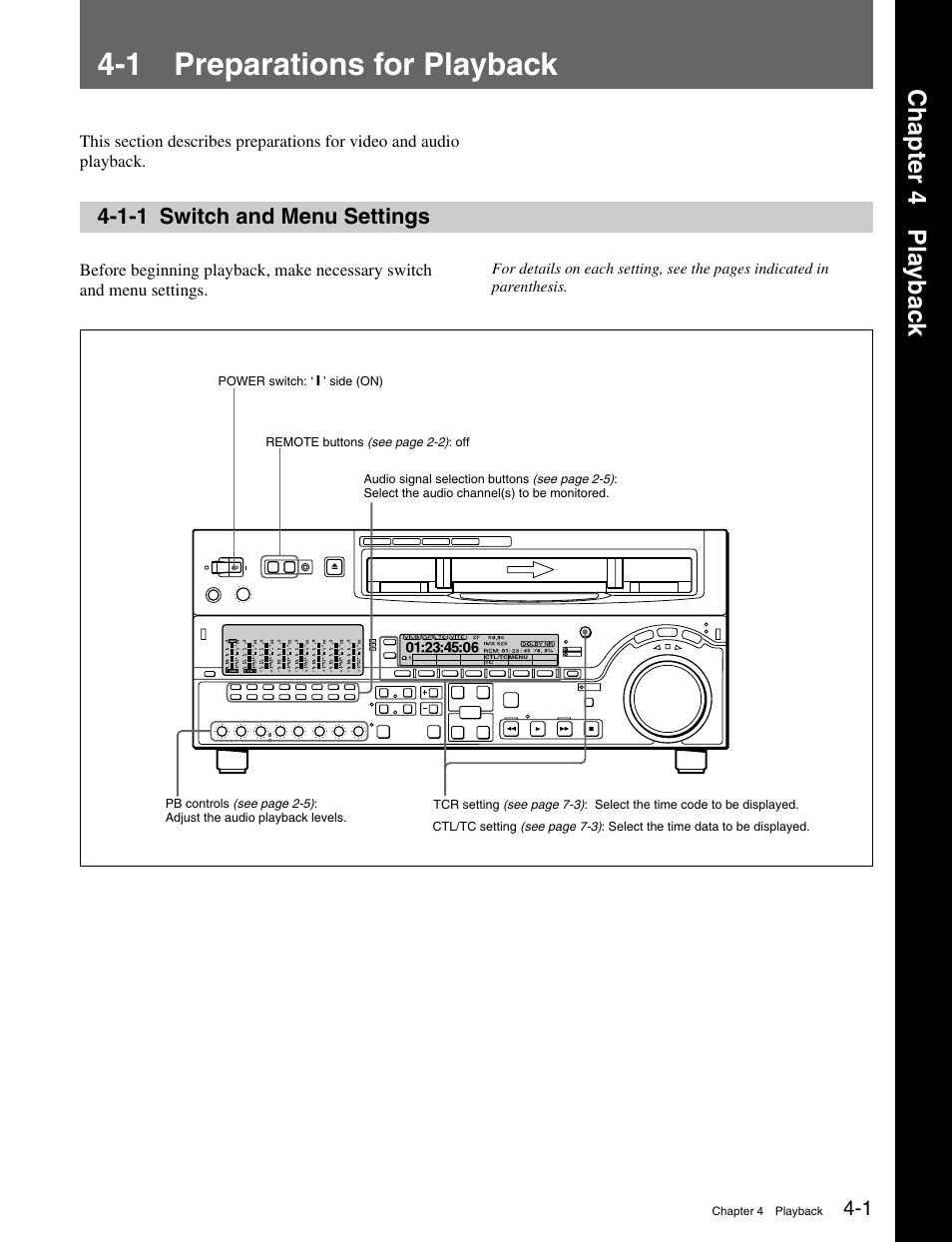 Chapter 4 playback, 1 preparations for playback, 1-1 switch and menu settings | Chapter 4 pla ybac k | Sony MSW-M2100 User Manual | Page 35 / 106