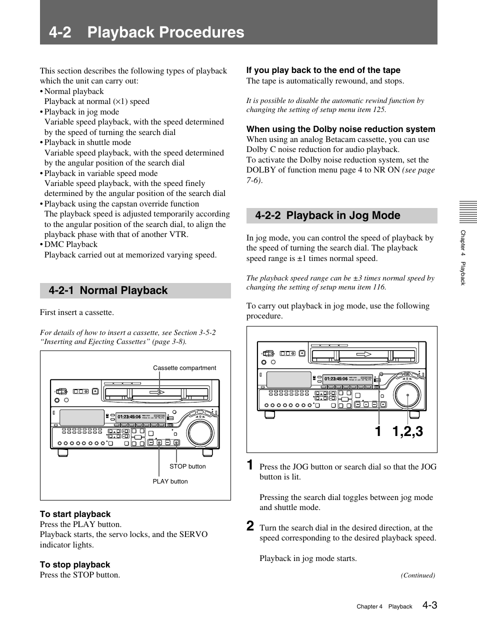 2 playback procedures, 2-1 normal playback, 2-2 playback in jog mode | Sony MSW-M2100 User Manual | Page 37 / 106