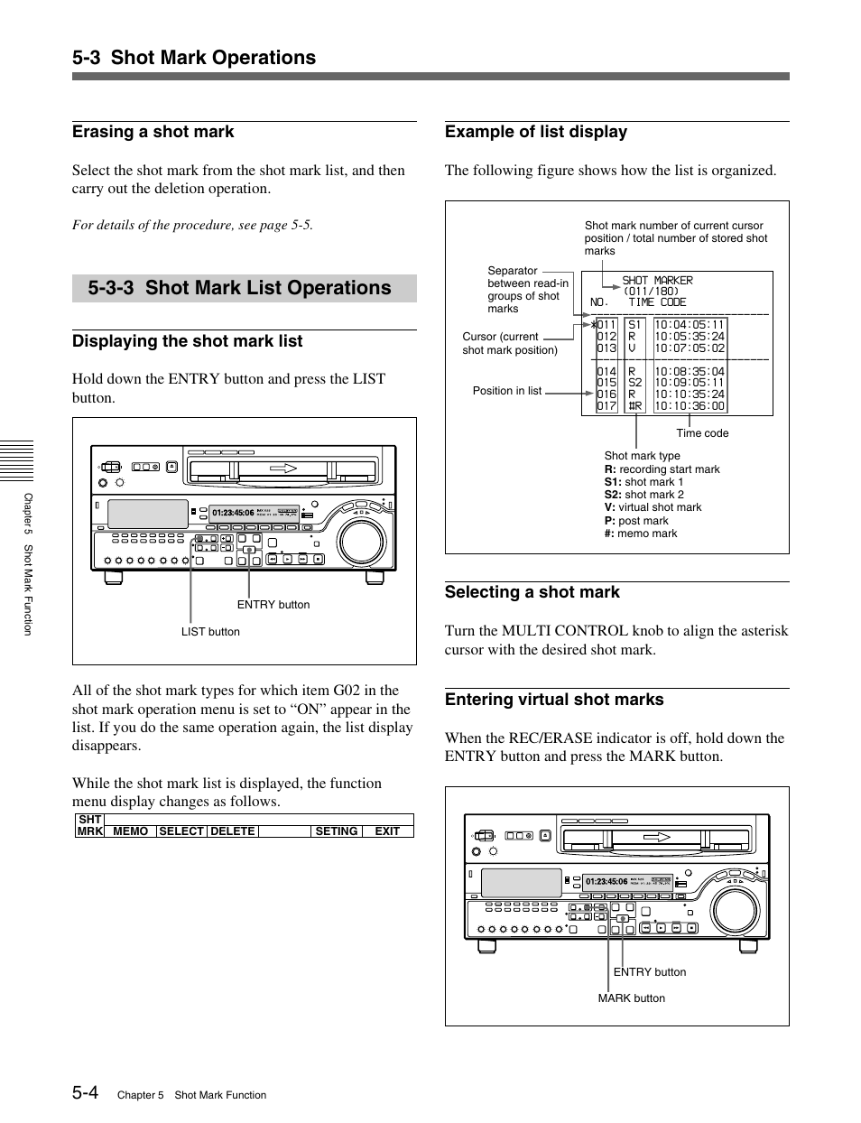 3-3 shot mark list operations, 3 shot mark operations, Erasing a shot mark | Displaying the shot mark list, Example of list display, Selecting a shot mark, Entering virtual shot marks | Sony MSW-M2100 User Manual | Page 48 / 106