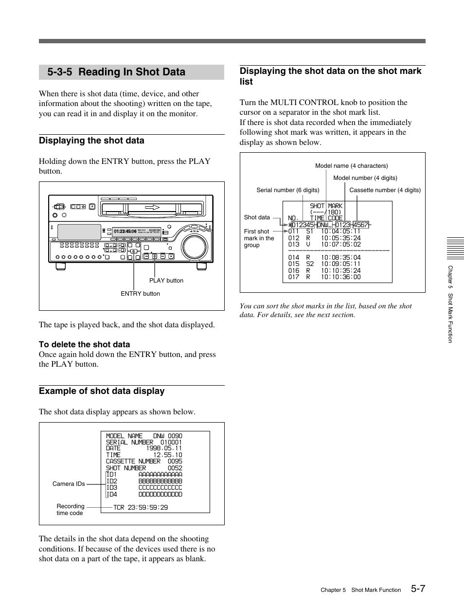 3-5 reading in shot data, Displaying the shot data, Example of shot data display | Displaying the shot data on the shot mark list | Sony MSW-M2100 User Manual | Page 51 / 106