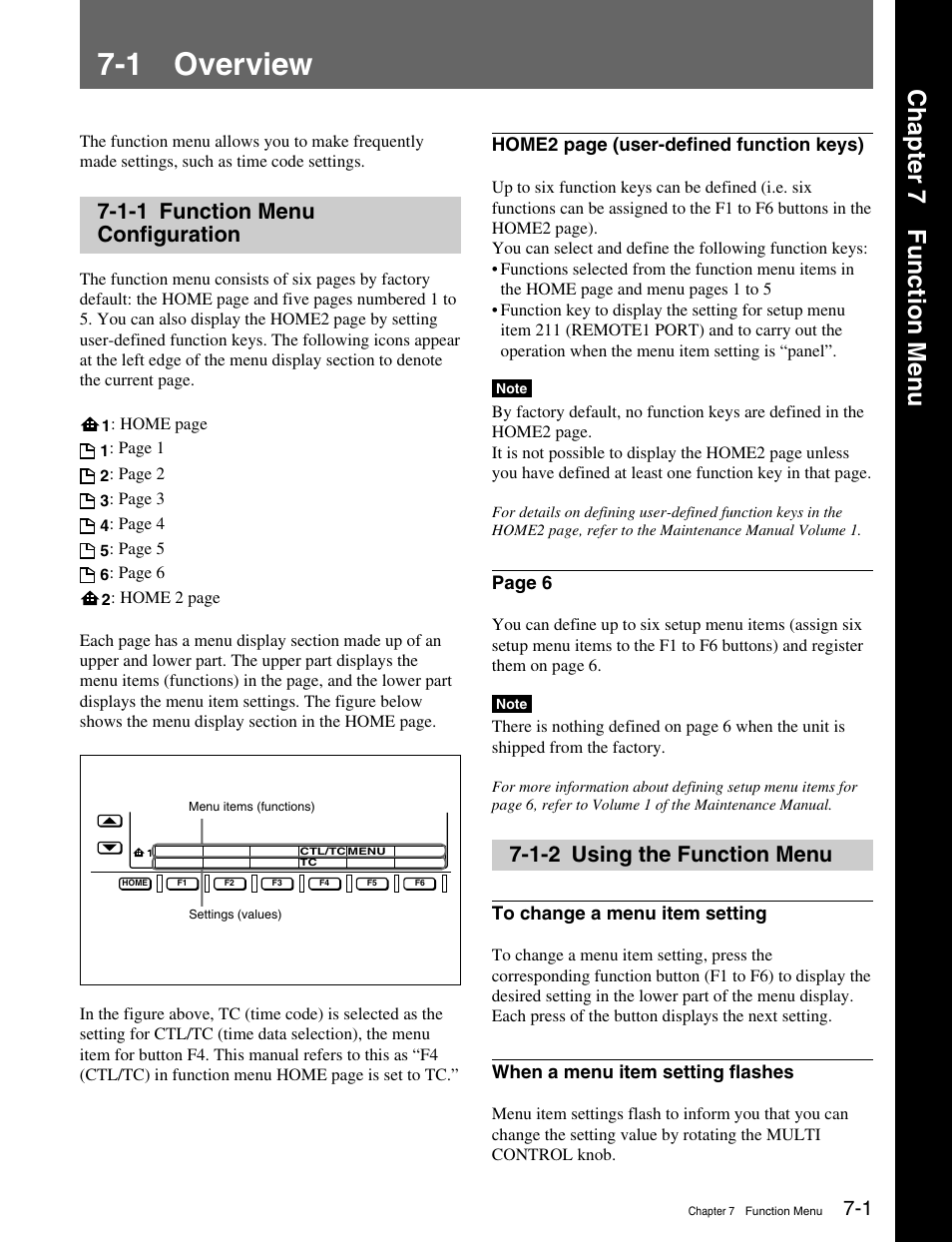 Chapter 7 function menu, 1 overview, 1-1 function menu configuration | 1-2 using the function menu | Sony MSW-M2100 User Manual | Page 65 / 106