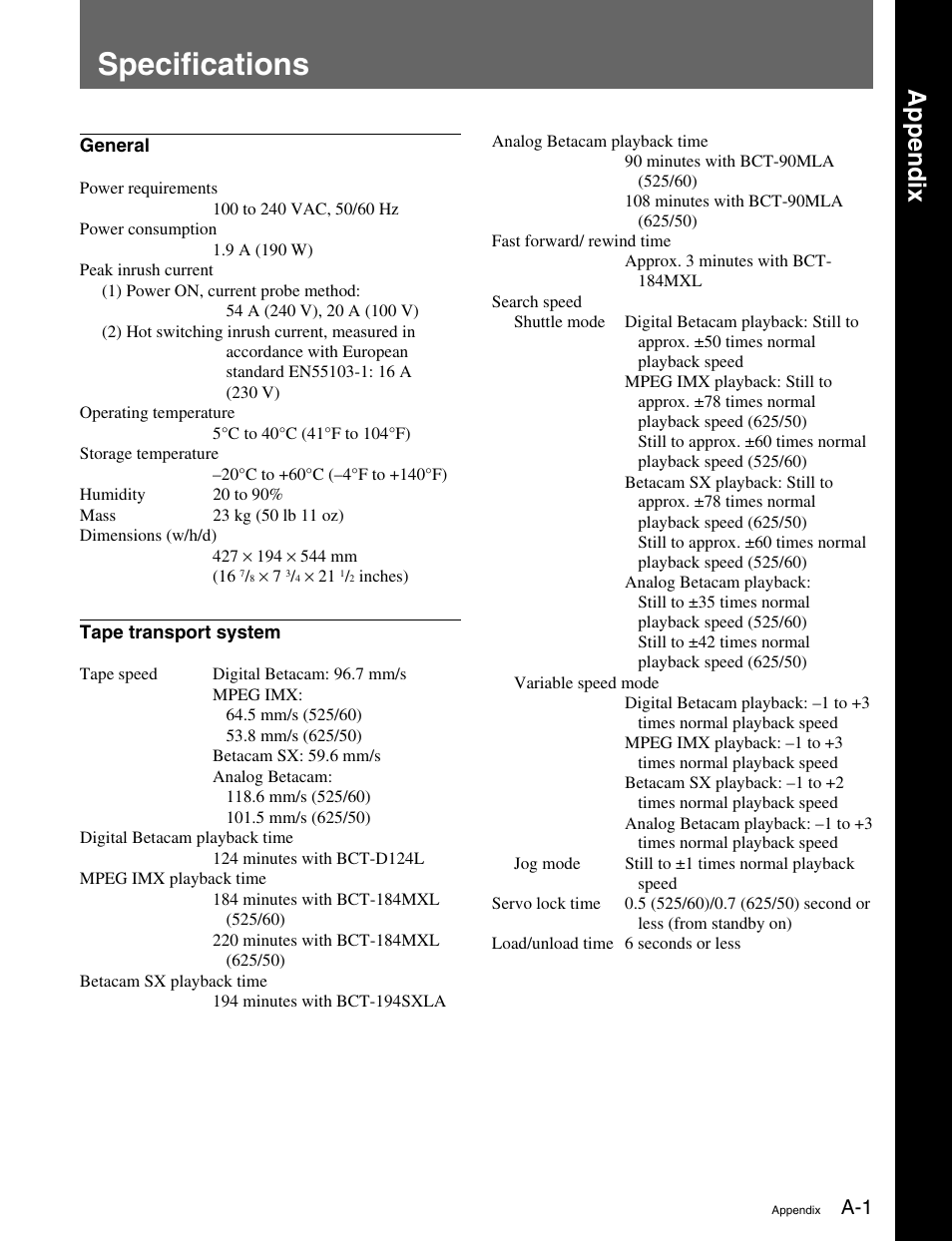 Appendix, Specifications | Sony MSW-M2100 User Manual | Page 97 / 106