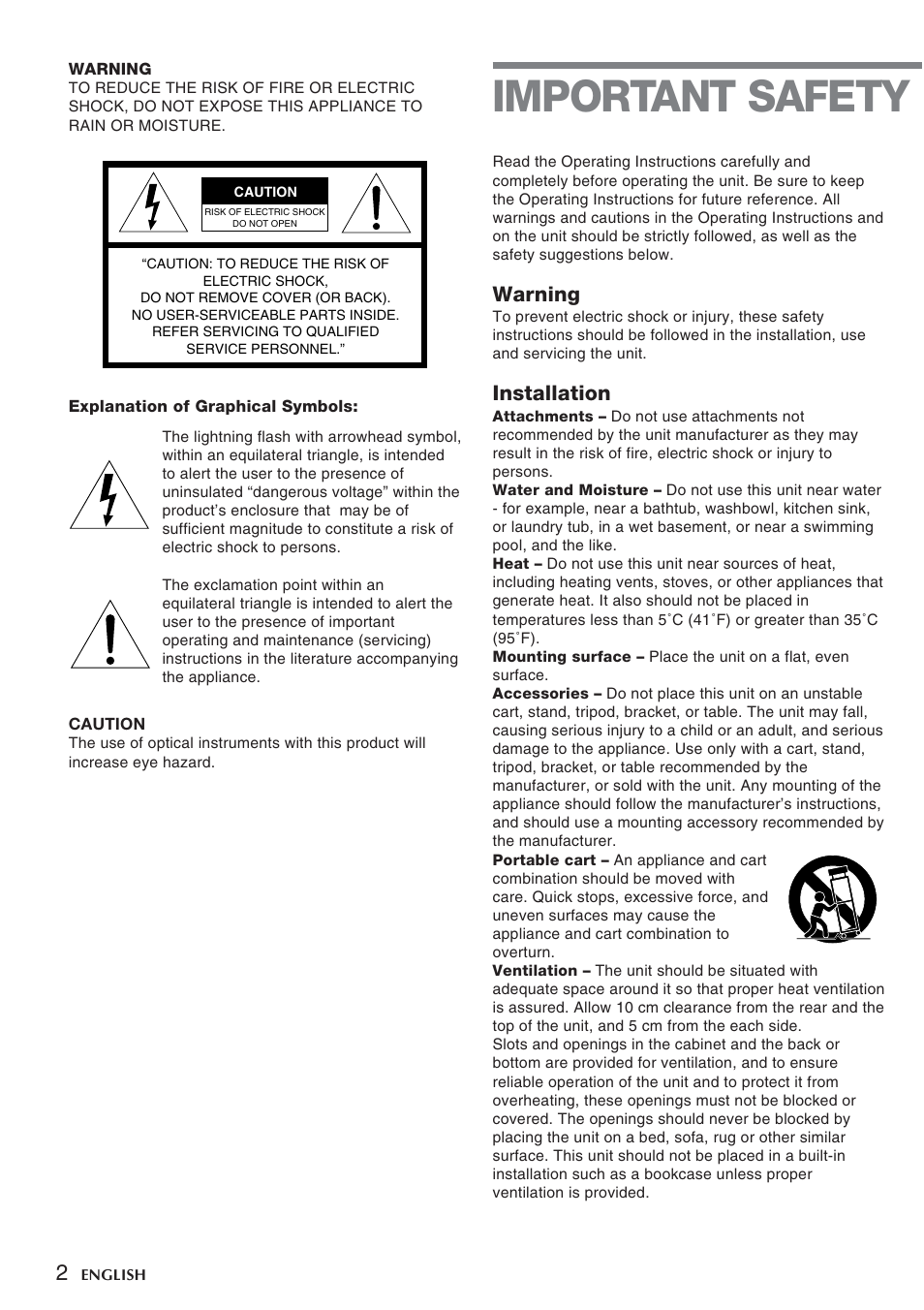 Important safety, Warning, Installation | Sony CSD-TD30 User Manual | Page 2 / 10