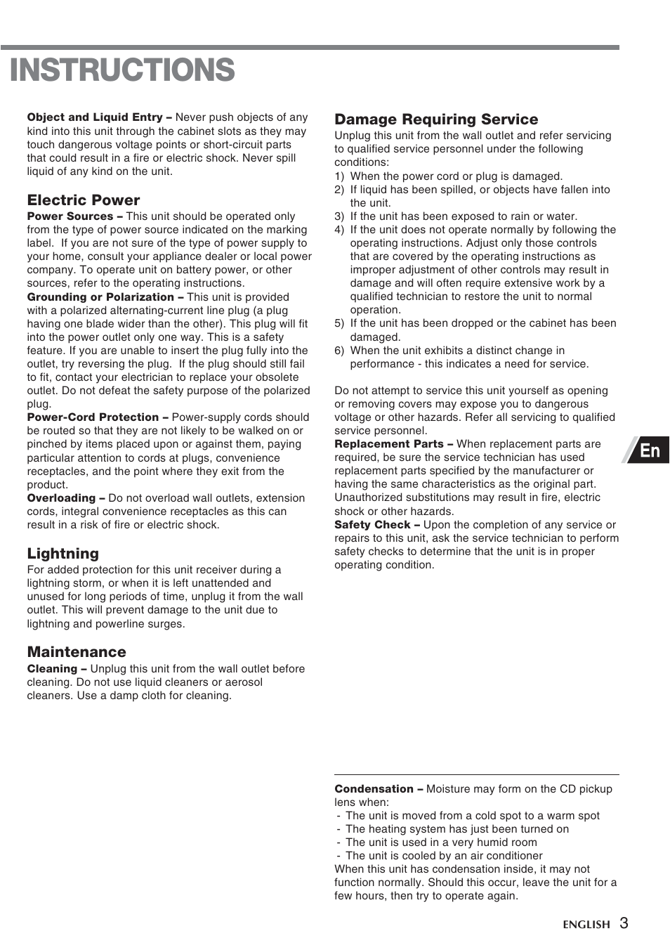 Instructions, Electric power, Lightning | Maintenance, Damage requiring service | Sony CSD-TD30 User Manual | Page 3 / 10