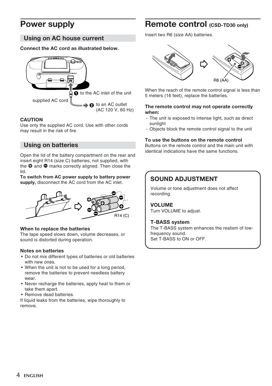Power supply, Remote control, Using on ac house current | Using on batteries, Sound adjustment | Sony CSD-TD30 User Manual | Page 4 / 10
