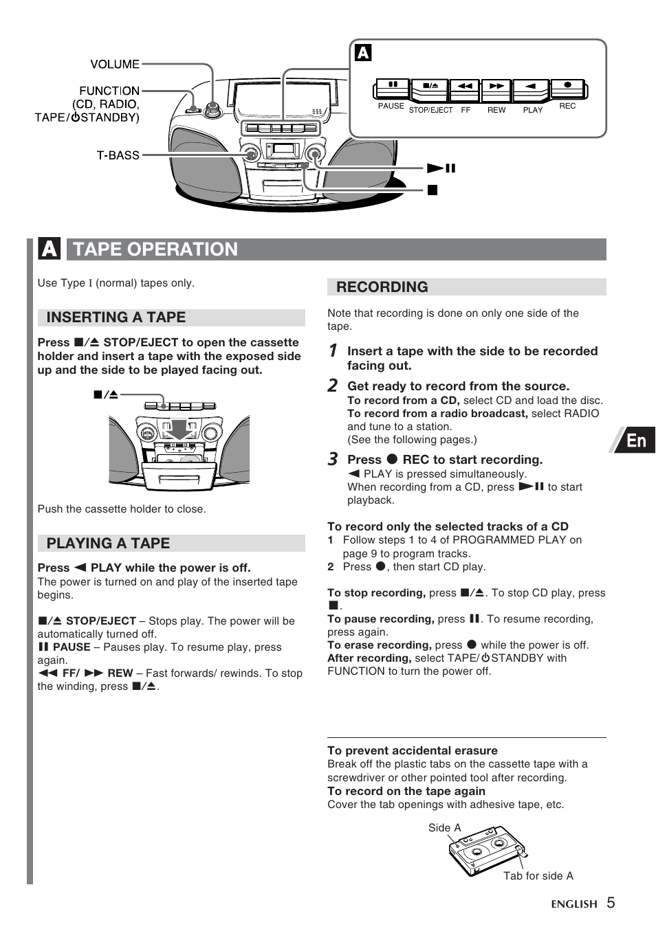 Tape operation, Inserting a tape, Playing a tape | Recording | Sony CSD-TD30 User Manual | Page 5 / 10