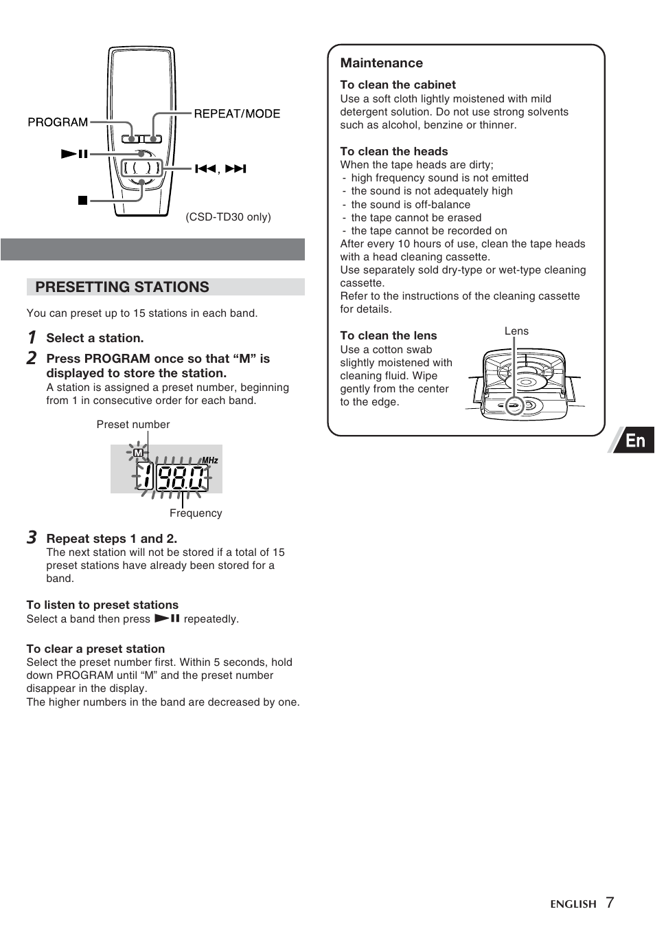 Presetting stations | Sony CSD-TD30 User Manual | Page 7 / 10