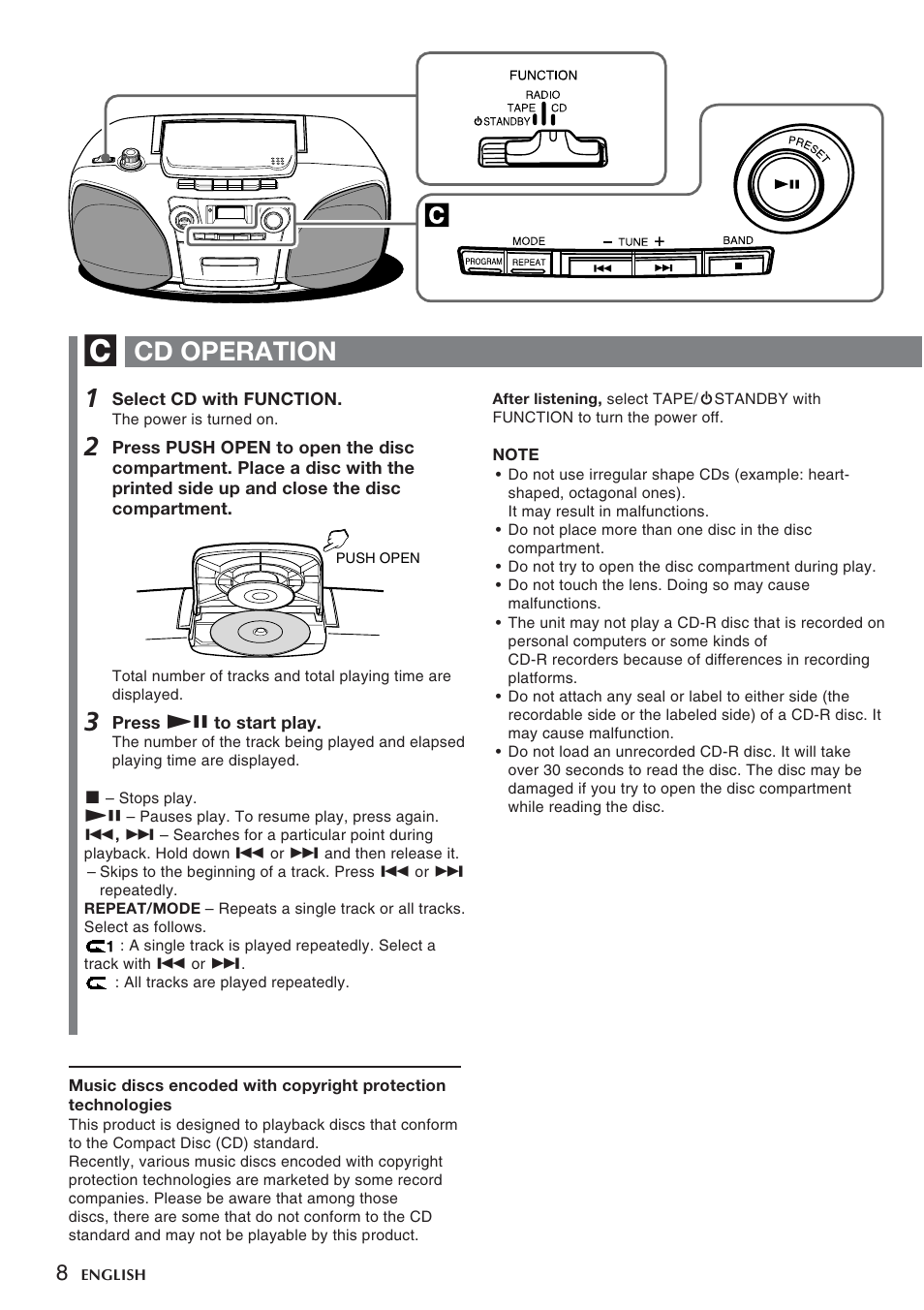 Cd operation | Sony CSD-TD30 User Manual | Page 8 / 10