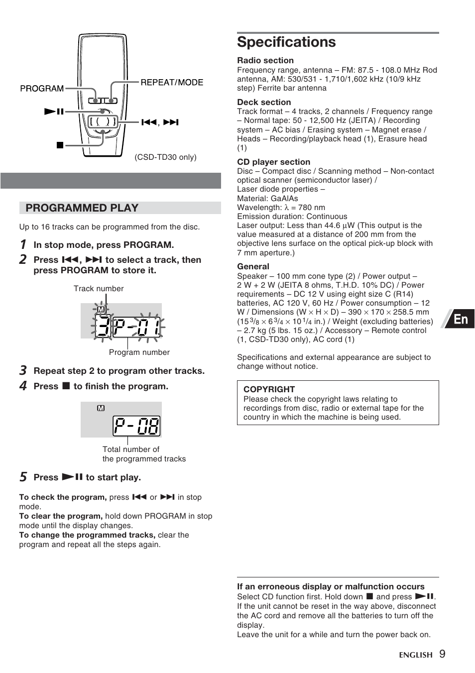 Specifications, Programmed play | Sony CSD-TD30 User Manual | Page 9 / 10