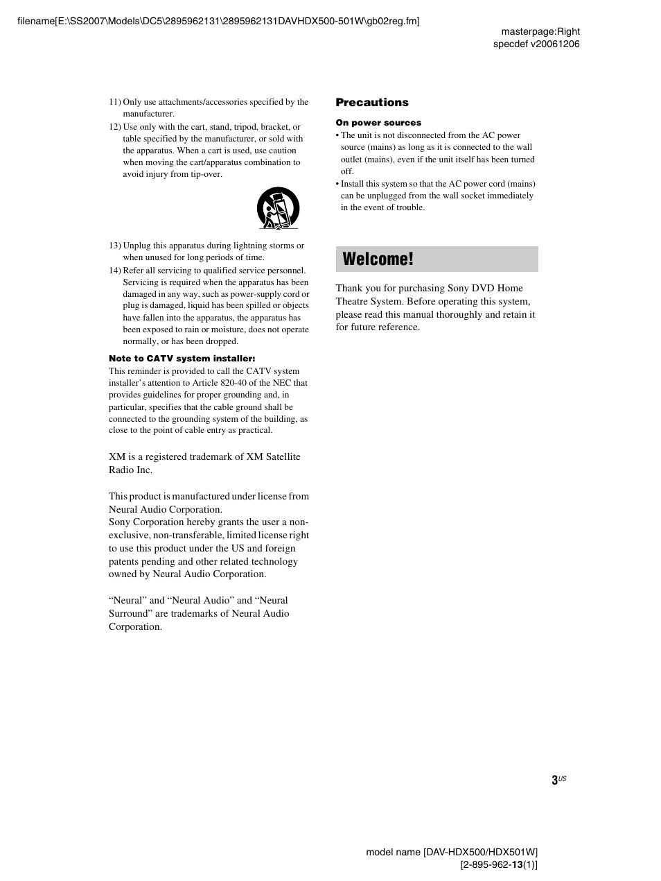 Welcome | Sony DAV-HDX500 User Manual | Page 3 / 120