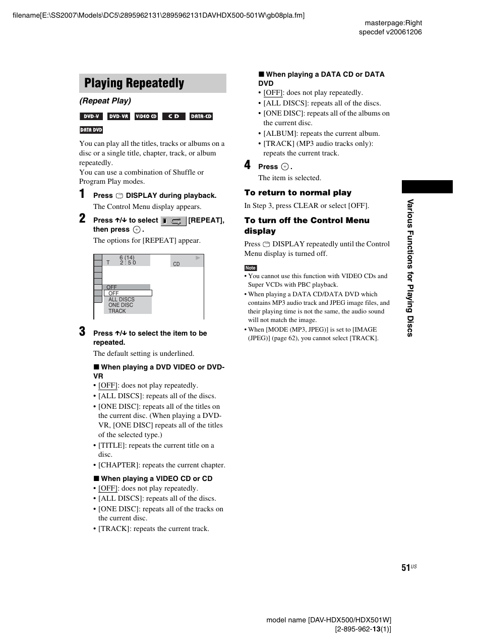 Playing repeatedly, Repeat play) | Sony DAV-HDX500 User Manual | Page 51 / 120