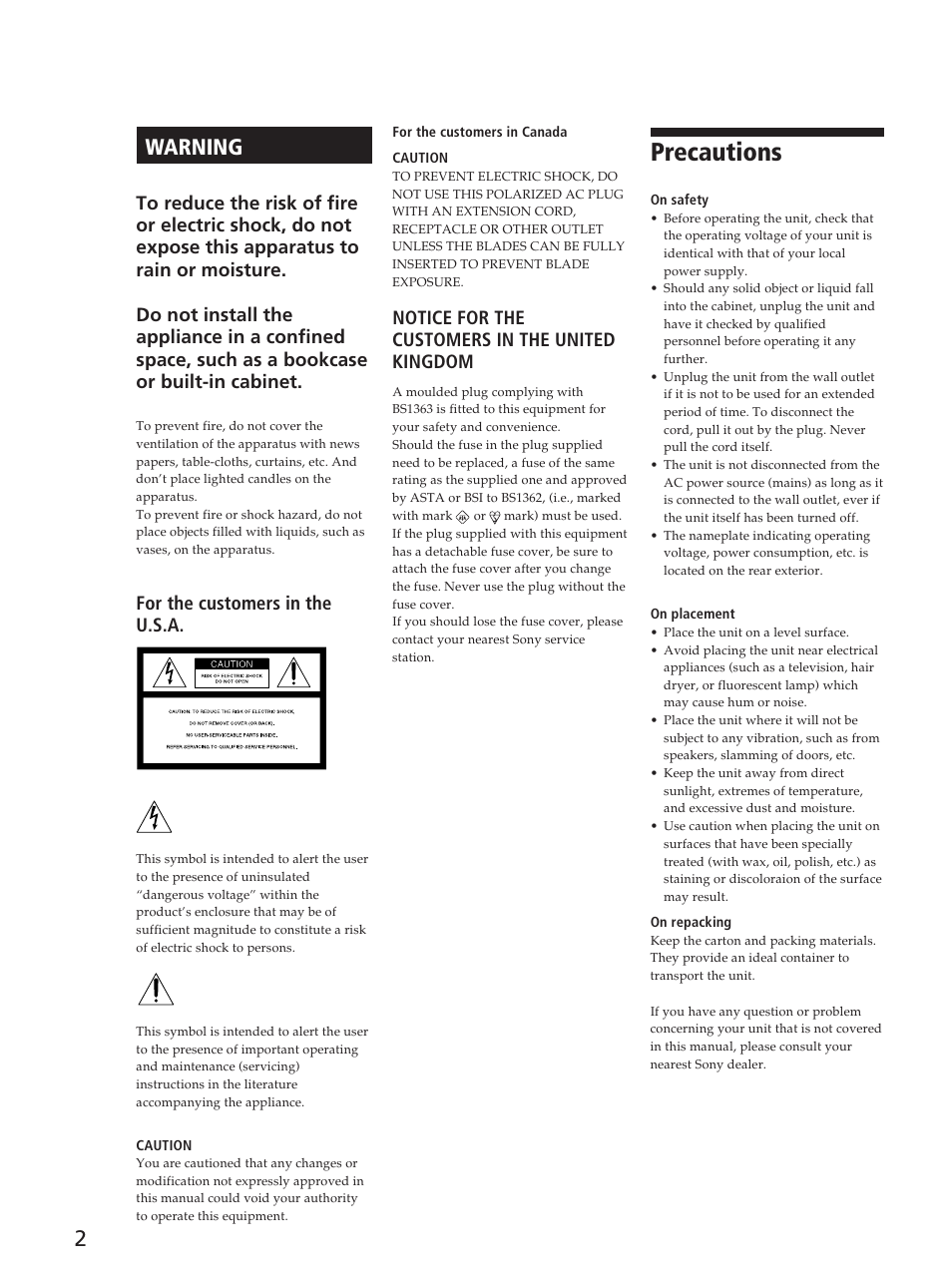 Precautions, Warning, For the customers in the u.s.a | Notice for the customers in the united kingdom | Sony PSJ20 User Manual | Page 2 / 12