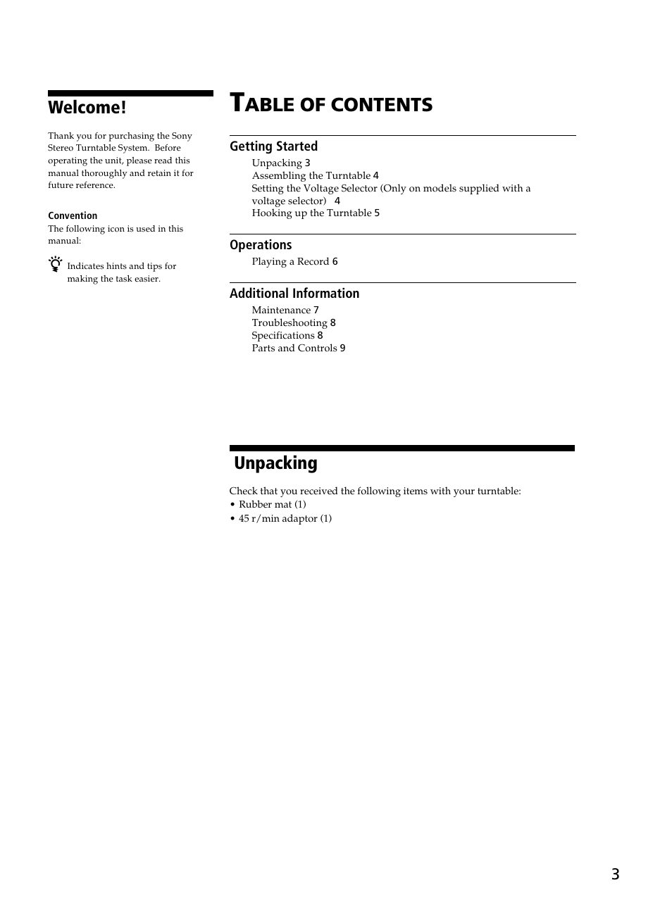 Able of contents, Welcome, Unpacking | Sony PSJ20 User Manual | Page 3 / 12