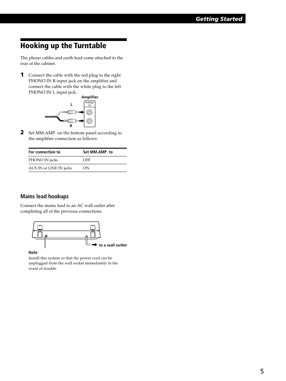 Hooking up the turntable, Mains lead hookups, Getting started | Sony PSJ20 User Manual | Page 5 / 12