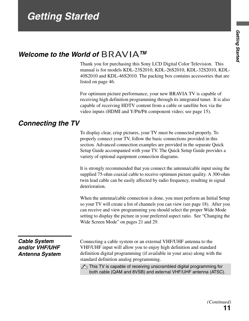 Getting started, Welcome to the world of tm, Connecting the tv | Cable system and/or vhf/uhf antenna system, Welcome to the world of | Sony BRAVIA KDL-23S2010 User Manual | Page 11 / 48