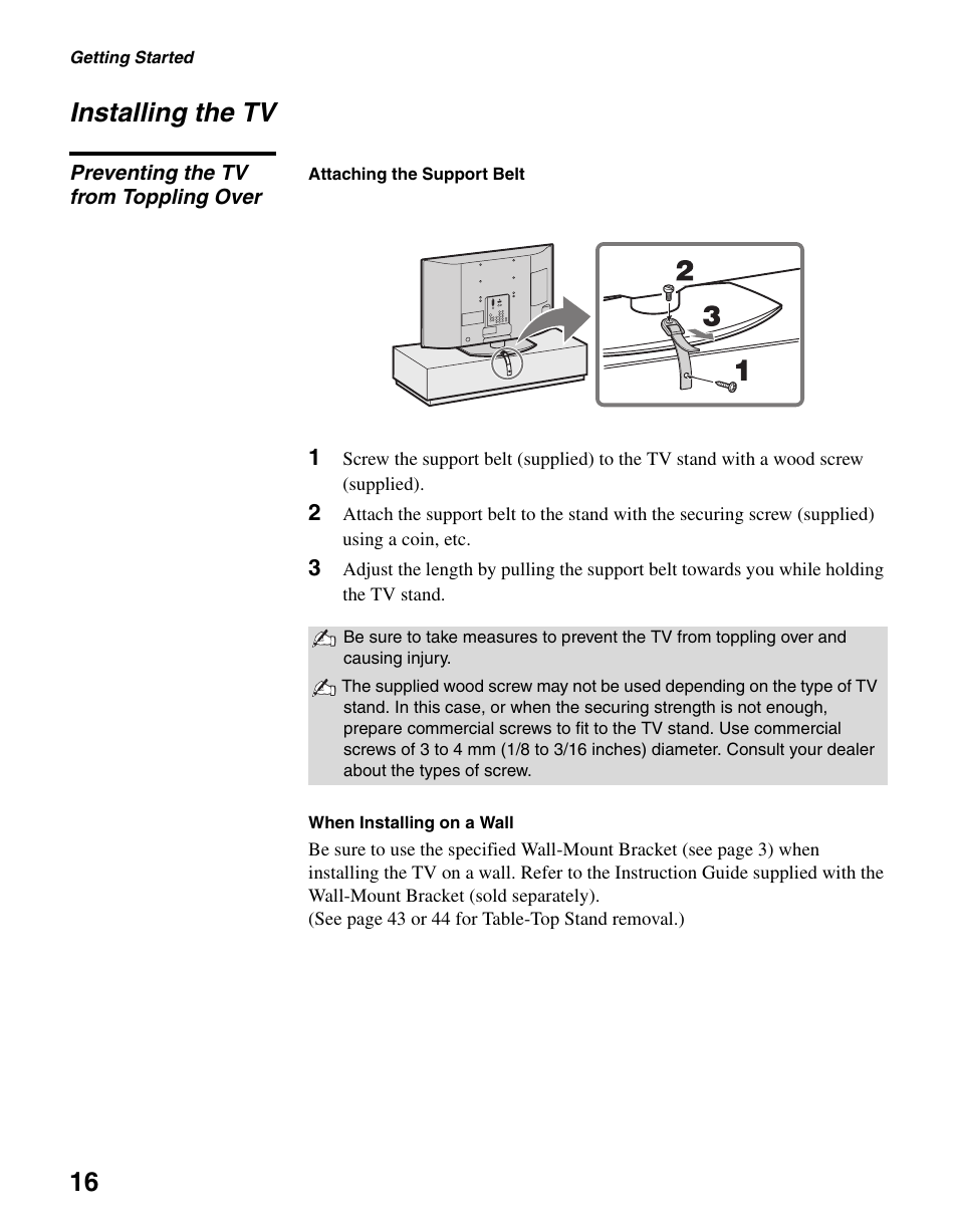 Installing the tv, Preventing the tv from toppling over, 16 installing the tv | Sony BRAVIA KDL-23S2010 User Manual | Page 16 / 48