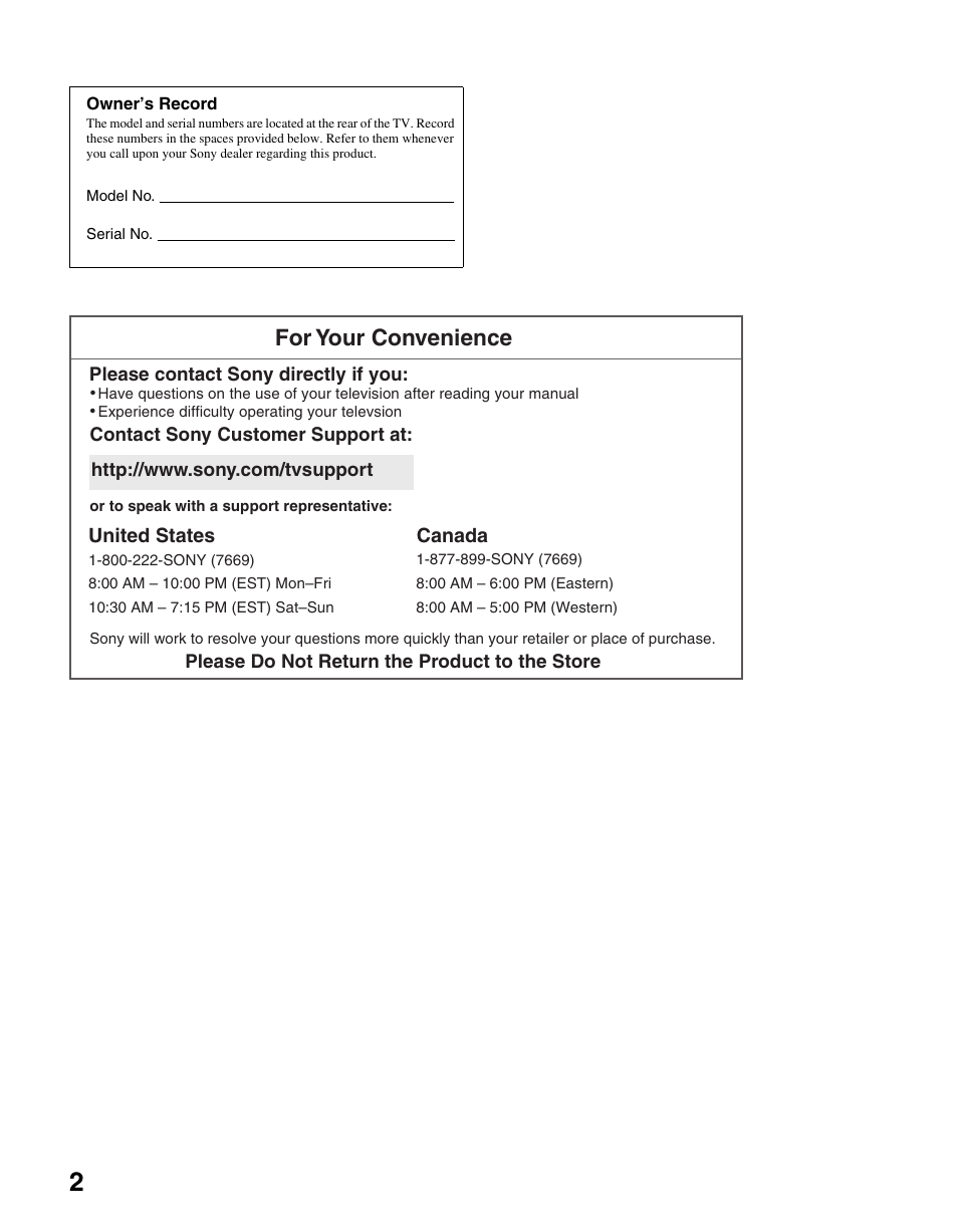 For your convenience | Sony BRAVIA KDL-23S2010 User Manual | Page 2 / 48