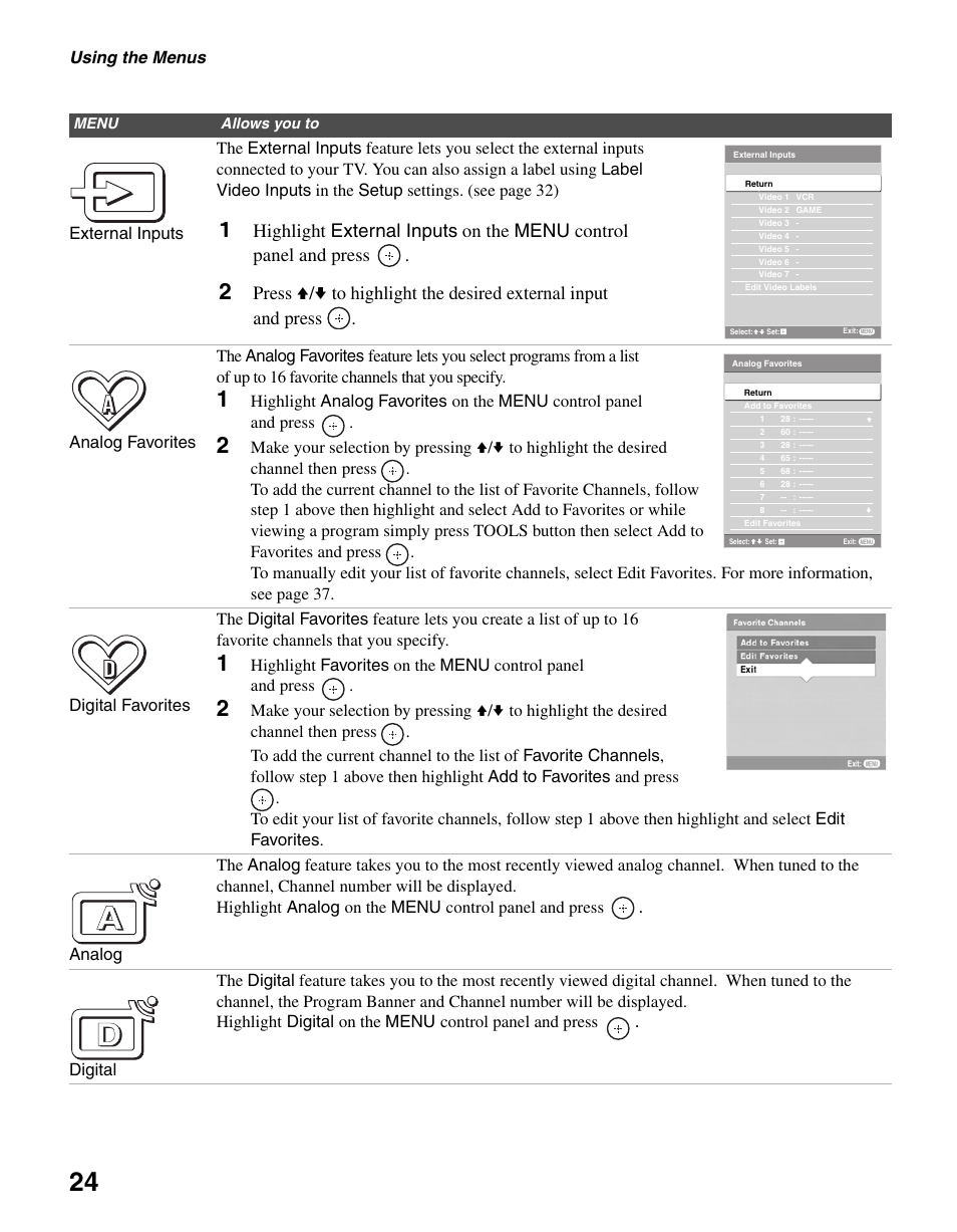 Using the menus | Sony BRAVIA KDL-23S2010 User Manual | Page 24 / 48