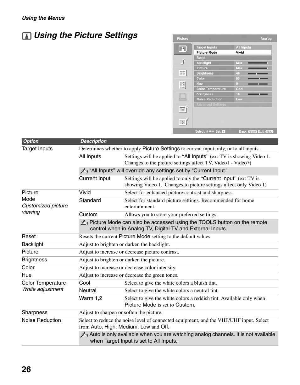 Using the picture settings, 26 using the picture settings | Sony BRAVIA KDL-23S2010 User Manual | Page 26 / 48