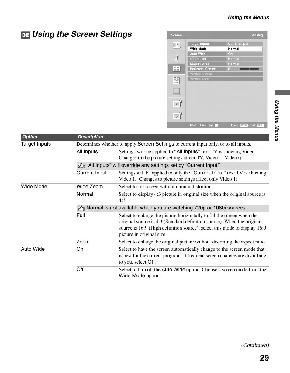 Using the screen settings, Nd 29 | Sony BRAVIA KDL-23S2010 User Manual | Page 29 / 48