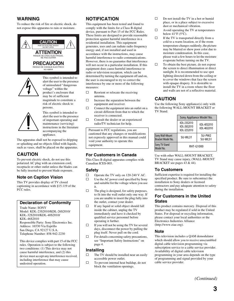 Attention, Precaucion, Warning | Caution, Notification, Continued) | Sony BRAVIA KDL-23S2010 User Manual | Page 3 / 48