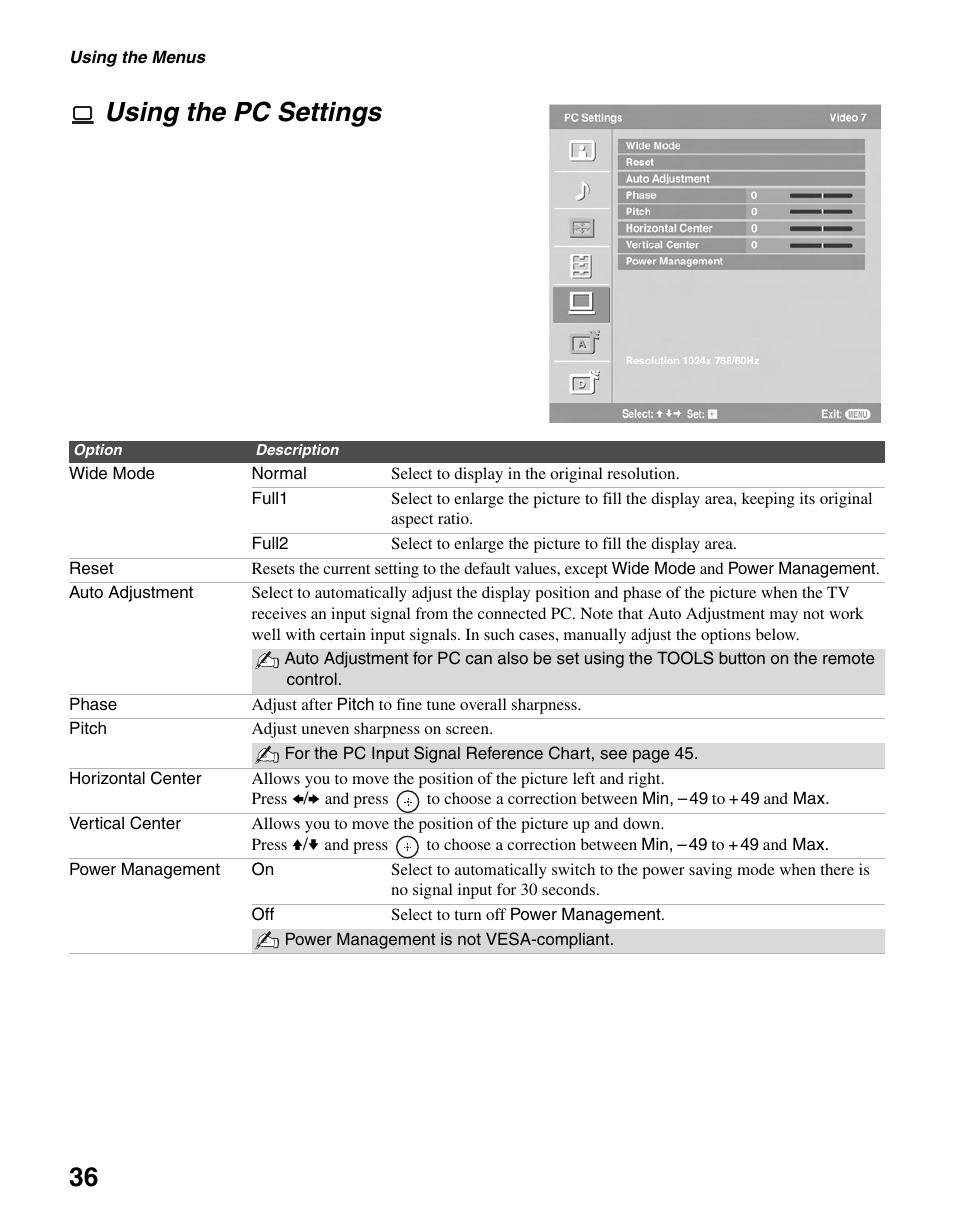 Using the pc settings, 36 using the pc settings | Sony BRAVIA KDL-23S2010 User Manual | Page 36 / 48