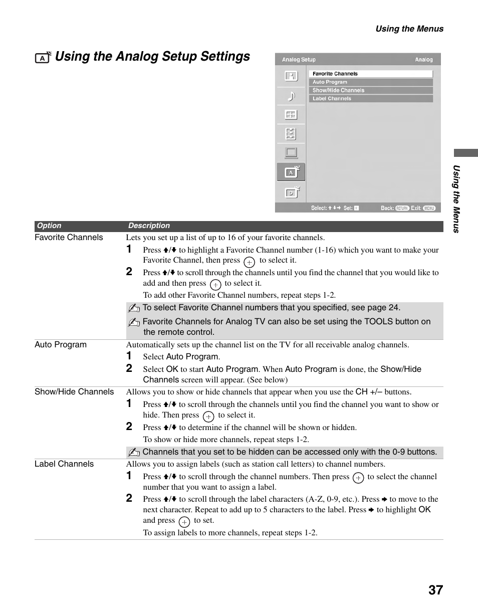 Using the analog setup settings, And 37 | Sony BRAVIA KDL-23S2010 User Manual | Page 37 / 48