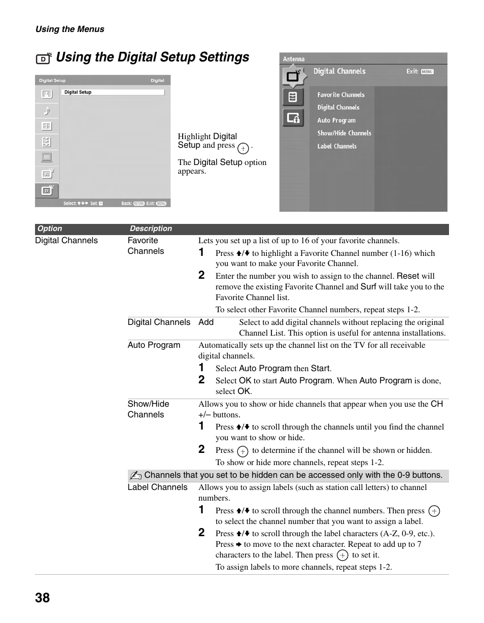 Using the digital setup settings, And 38), 38 using the digital setup settings | Sony BRAVIA KDL-23S2010 User Manual | Page 38 / 48