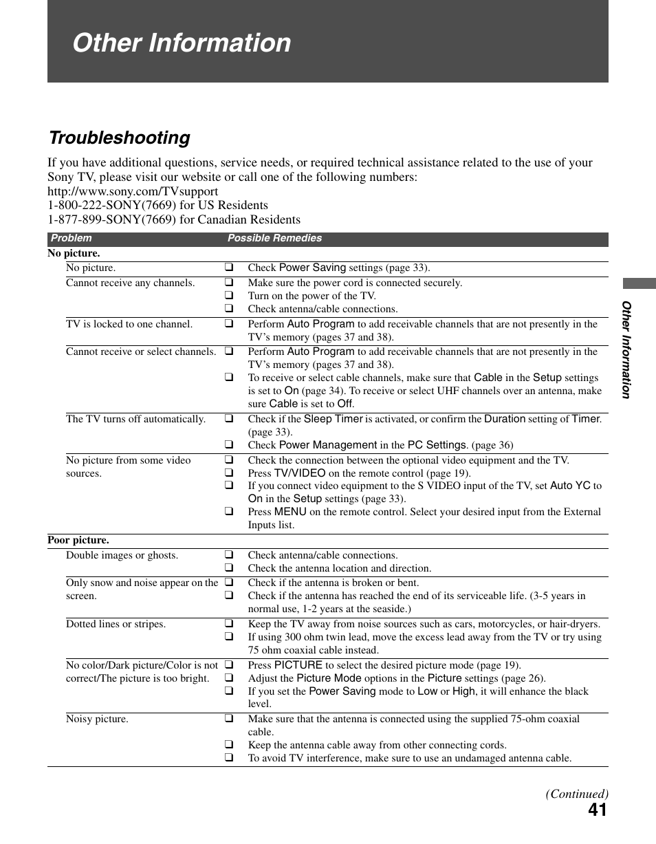 Other information, Troubleshooting | Sony BRAVIA KDL-23S2010 User Manual | Page 41 / 48